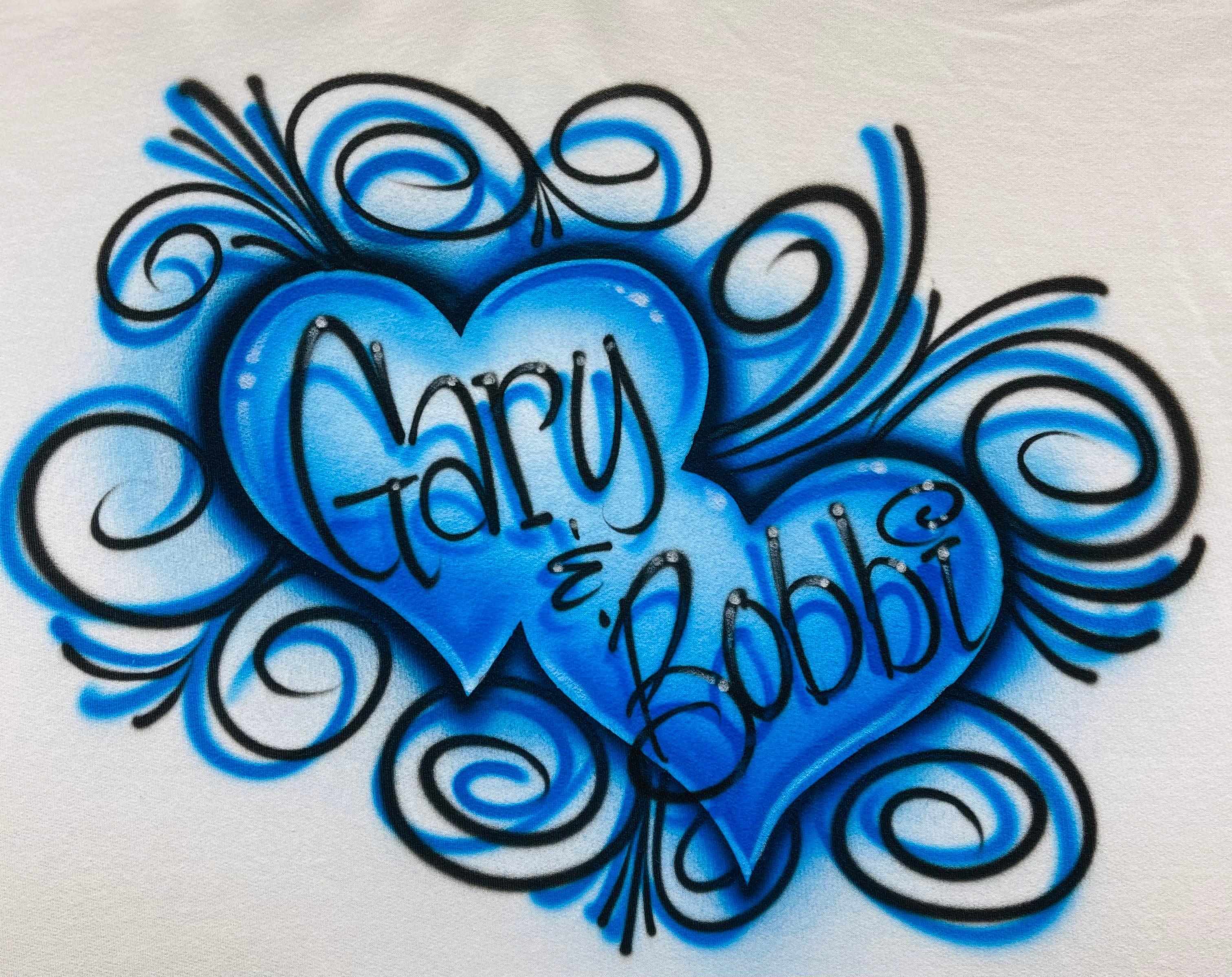 Blue Hearts & Swirlies Couples Designs with Names T-Shirt
