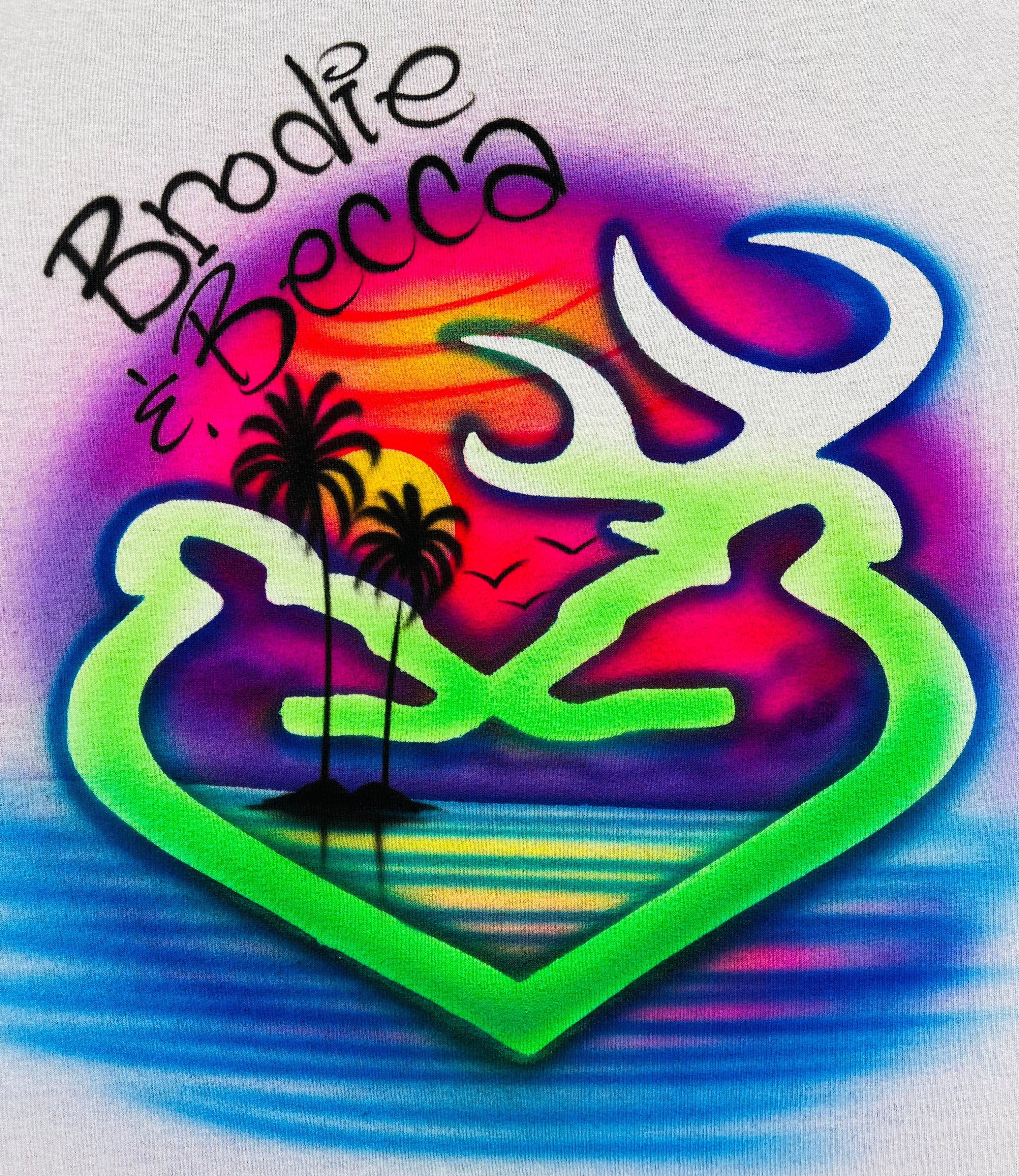 Buck and Doe Heart Design with Bright Beach Scene T-Shirt